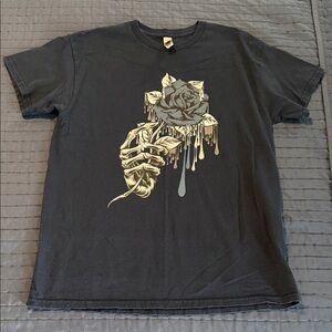 Black T-Shirt with Skeleton Hand and Rose Design